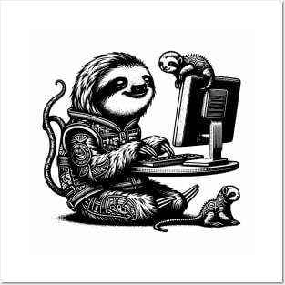 Punk Rock Oddcore Goth Sloths on Computer Vintage Style Posters and Art